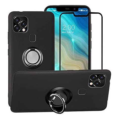 FaDream for OUKITEL C22 Case,Soft TPU Protective Cover+360 ° Magnetic Rotating Bracket with Tempered Glass Screen Protector (Black) Cover