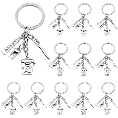 SIQYUWM 12Pcs Dental Keychain Alloy Dentist Keyring Toothbrush Toothpaste Dental