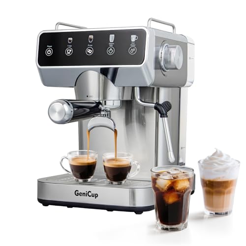 GeniCup Expresso Coffee Machines with Touchscreen 20 Bar Professional Espresso Maker with Milk Frother & Hot Water, Stainless Steel Coffee Maker for Latte Americano, Cappuccino Machine for Home Office
