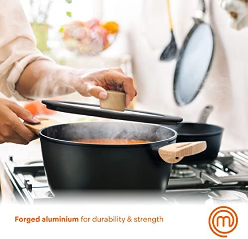 MasterChef Stock Pot with Lid 20cm Non Stick Casserole, Stew & Soup Pan for All Cooking Surfaces incl. Induction Hobs, Swiss Engineered with Scratch Resistant, Nonstick Coating, Aluminium, Woodlook