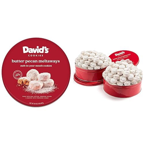 David’s Gourmet Butter Pecan Meltaway Extravaganza – 32oz Round Tin Butter Cookies with Crunchy Pecans and Powdered Sugar – Ideal Gift for Birthday, Get Well, and Other Special Occasions