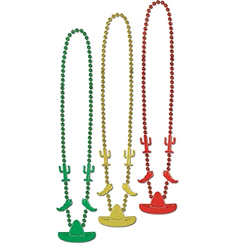 Beistle Assorted Fiesta Beaded Necklaces, Red/Gold/Green