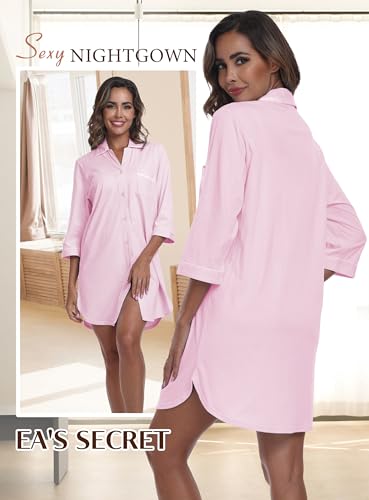 Image of EA'S SECRET 100% Cotton Nightgowns for Women 3 /4 Sleeve Button Down Nightshirts Soft V-Neck Knee Length Sleepwear With Pocket