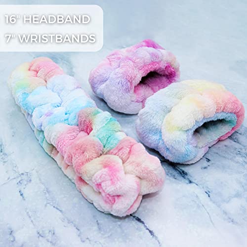 Frog Sac Spa Headband For Washing Face And Matching Wristbands, Teen Girls Fuzzy Skincare Headbands, Kids Soft Facial Makeup Head Band, Shower Skin Care Girl Hair Sleepover Party Supplies (Tie Dye) #TOP6