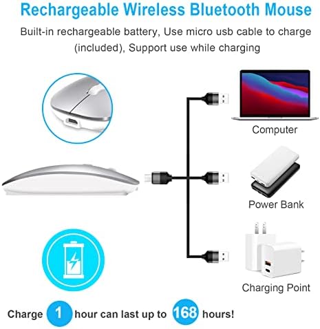 Qxvnm Bluetooth Mouse Rechargeable for Laptop/Mac/iPad, Lightweight Slim Portable Travel Wireless Mouse for Chromebook/Macbook air/pro/Win8/10 Computer (Silver)
