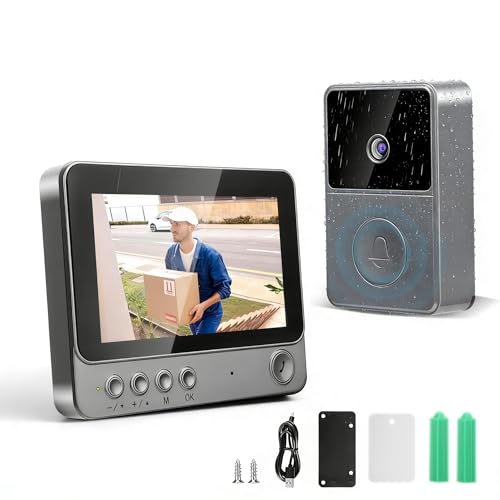 VeftBltrem Türklingel mit Kamera und Monitor, 1080P HD, IP65 Wasserdicht, 4,3 Zoll Bildschirm, 170° Weitwinkel, funkklingel mit Kamera, Gegensprechanlage Infrarot Nachtsicht Zwei-Wege-Audio, Schwarz