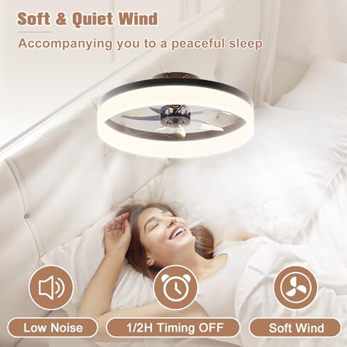 Image of VOLISUN Low Profile Ceiling Fans with Lights and Remote,15.7in Modern Ceiling Fan Flush Mount,3000K-6500K Dimmable Bladeless LED Fan Light,Black Fandelier Ceiling Fans with Lights for Bedroom