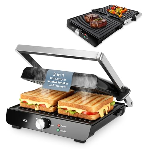 ADE 3 in 1 Kontaktgrill 2.000 Watt | Sandwich Maker und Tischgrill elektrisch 180° aufklappbar | antihaftbeschichteter Plattengriller und Sandwichtoaster | für Panini, Sandwich, Fleisch, Gemüse ADE 3 in 1 Kontaktgrill 2.000 Watt | Sandwich Maker und Tischgrill elektrisch 180° aufklappbar | antihaftbeschichteter Plattengriller und Sandwichtoaster | für Panini, Sandwich, Fleisch, Gemüse
