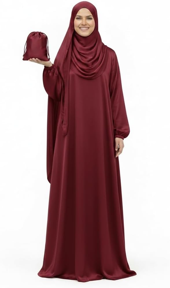Softspot Islamic Prayer Abaya Isdal for Women, One-Piece Satin Prayer Dress with Attached Head Cover, Lightweight Full Coverage Abaya Prayer Wear with Carry Bag