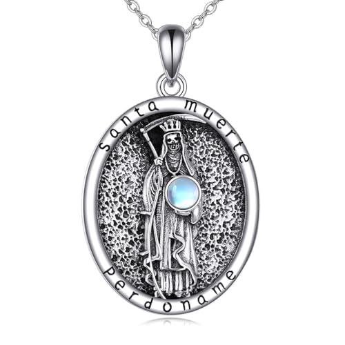 VONALA Santa Muerte Necklace for Women Men 925 Sterling Silver Santa Muerte Skull Pendant Warrior Protect Us Amulet Jewelry Gift for Father Mother