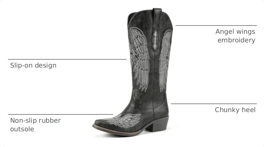 Image of Women's Western Cowboy Boots - Black Gothic Cross & Angel Wing Embroidered Mid Calf Boots, Y2K Vintage Pointed Toe Biker Cowgirl Boots for Concert Festival