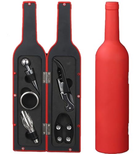 BAKAMITAYI Wine Accessories Gift Set - Wine Bottle Corkscrew Opener Kit, Drip Ring, Foil Cutter and Wine Pourer and Stopper in Novelty Bottle-Shaped Case for Valentine's Gift (Red)