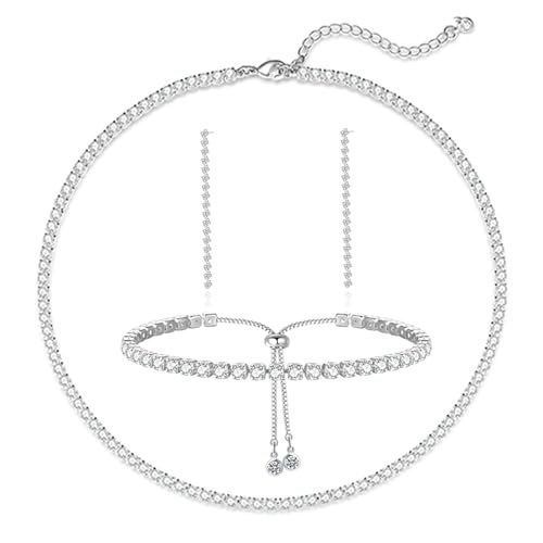 LULII Tennis Necklace Set for Women Dainty Sterling Silver Necklace and Earring Sets Rhinestone Drop Dangle Earrings Crystal Bracelets for Women Silver Jewelry Sets for Bride Gift