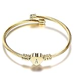 Women Gold Plated Heart Initial A-Z Letter Cuff Bracelets Expandable Stainless Steel Birthday Jewelry