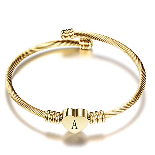 Women Gold Plated Heart Initial A-Z Letter Cuff Bracelets Expandable Stainless Steel Birthday Jewelry