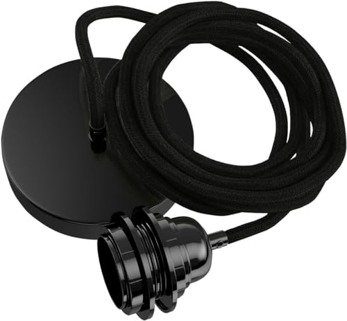 Hoopzi - Suspension Luminaire 1 Ampoule - 2,5m - Câble en Lin - Lustre pour Salon, Cuisine, Chambre - Modèle Hang 1 Lin Noir