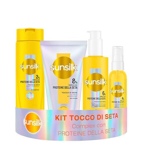 Sunsilk Kit Tocco di Seta Shampoo 250ml, Balsamo 180ml, Siero Senza Risciacquo 200ml e Siero di Seta Invisibile 75ml, Set Cura Capelli Morbidi e Setosi, con Proteine della Seta 100h di Morbidezza*