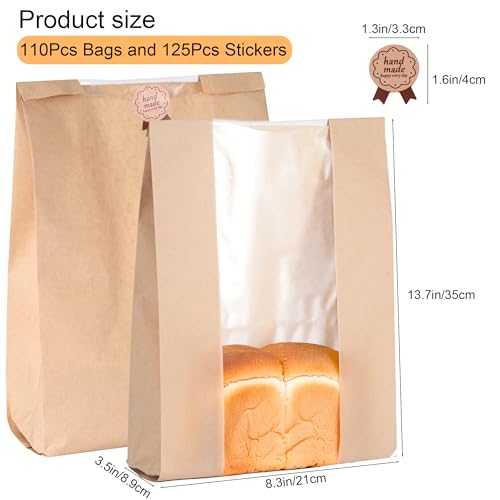 110 Pack Bread Bags for Homemade Bread 13.8\" x 8.3\" x 3.55\",Sourdough Paper Bread Bags With Window,125 sealing stickers A Large Bakery Bags Used for Storage Bread Cookies & Snacks