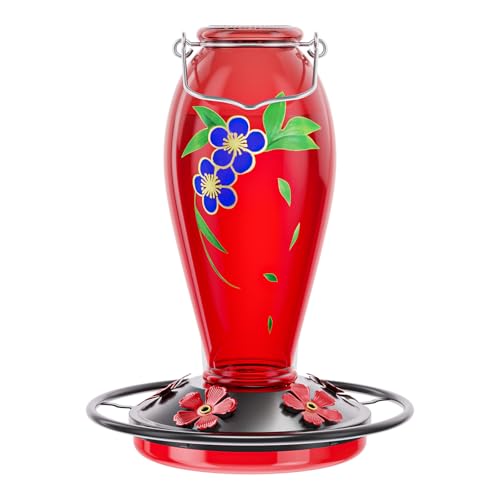 For Outdoors Hanging, Heavy-duty Thick Glass Humming Bird Feeder With Floral Decals, Leak-resistant Metal Base With 5 Feeding Ports & Perch, Decorative Garden Deco(red)