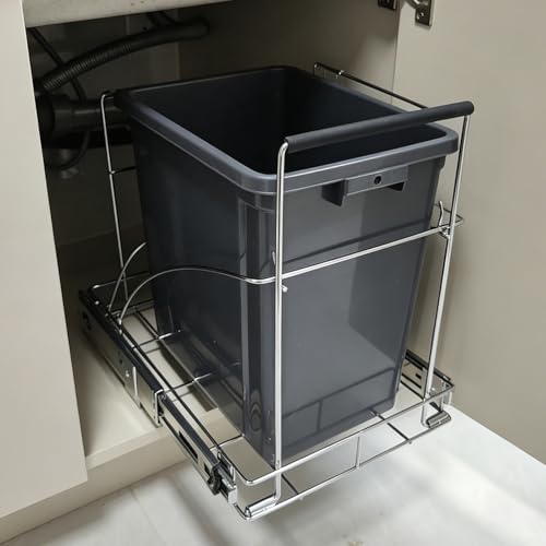 Pull Out Trash Can Under Cabinet: Heavy Duty Sliding Cabinet Garbage Can Holder Fits for 7-11 Gallon Trash Bin, Minimum Cabinet Opening 13″ W x 18″ D x 18″ H (Waste Bin Not Included)-Silver