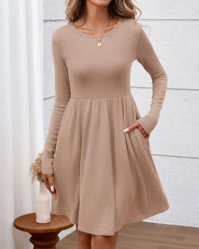 Zenlonr Women's Fall Dresses 2025 Casual Long Sleeve Ribbed Knit Crewneck Short Dress Flowy A-Line Party Dresses2