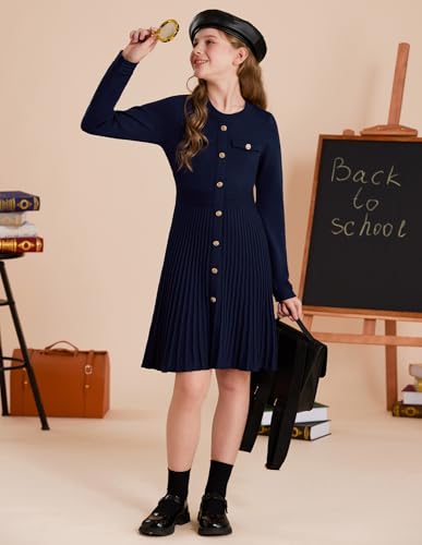 GRACE KARIN Girls Sweater Fall Dress Long Sleeve Knit Button Front Pleated A-Line Casual Winter Midi Dresses 5-14Y4