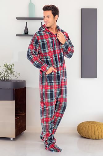 Alexander Del Rossa Adult Onesies for Men, Mens Onesie Pajamas Adults, Fleece Onesie for Men, Hooded Footed Mens Onsie Classic Tartain Plaid 2XL Tall (A0320W702XLT)2