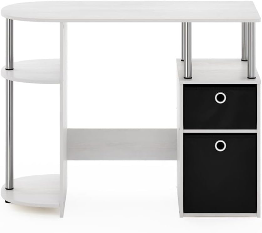 Pemberly Row Computer/Study Desk, 38.4 W x 15.6 D x 28.5 H in, Composite Wood with Stainless Steel Tubes, Bin Drawers, Side Storage Shelf, Modern Space-Saving Design for Apartments and Dorms