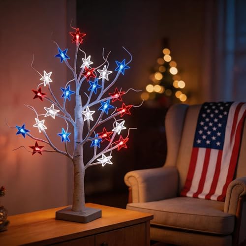 UMEUC 4th of July Decorations Lighted Tree, 24 Inch Patriotic Tabletop Decor, 24 LED Red White & Blue Star Lights, 8 Modes USB & Battery Operated, July 4th Tree for Home Office Desk Mantel
