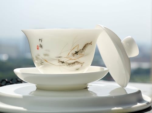 Image of Liang baobao Ice Jade White Porcelain Gaiwan,5oz Teacup Suet-fat Jade Porcelain Chinese Tea Cup Set for Gongfu Tea (shrimp)