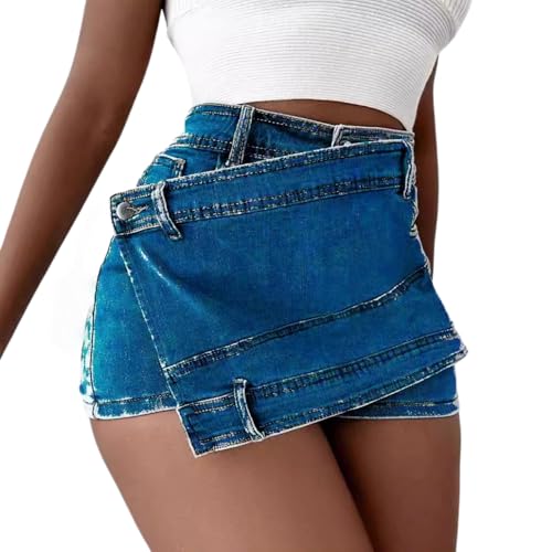 Women's High Waisted Asymmetrical Wrap Denim Skort - Sexy Bodycon Mini Skirt for Trendy Summer Fashion (Dark Blue,Large)