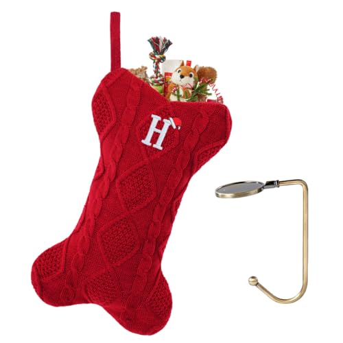 VRFASHION Christmas Stockings with Initials, Letter H Pet Cat Dog Name Bone Shape Knitted Xmas Stockings, Christmas Party Fireplace Family Hanging Stocking Decorations(1 Pack, Red)