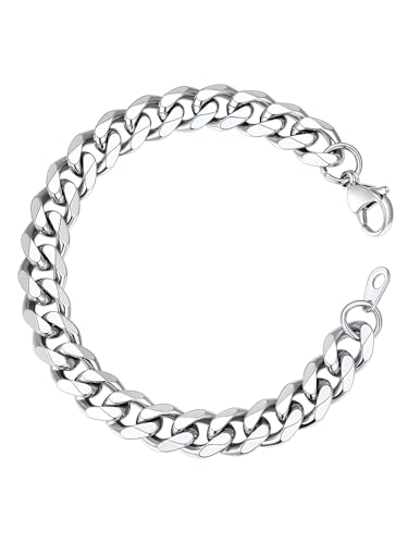 Image of ChainsHouse Mens Silver Bracelets Cuban Link Chain Stainless Steel Curb Chains Chunky Bracelet Hip Hop Jewellery 9mm 19cm