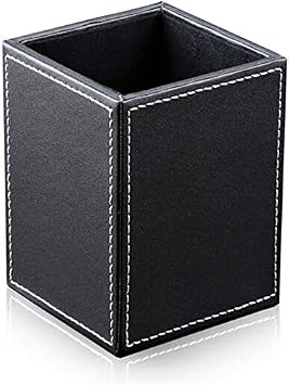 Black PU Leather Square Pens Pot Pencils Holder Cup Desktop Stationery Organizer Case Holder Office Accessories Container Box Desk Caddy L3.35 x W3.35 x H4.72 inches, Black