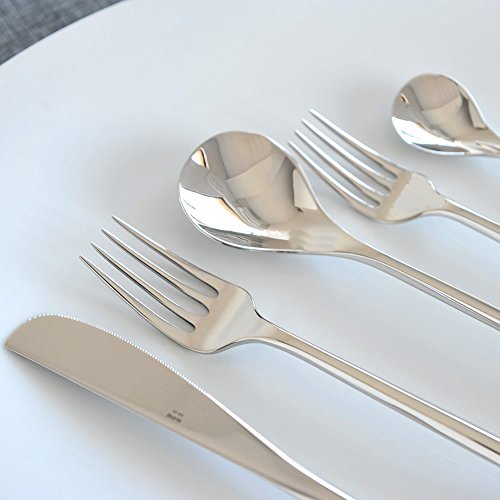 Alessi "Mu" Flatware Set Composed Of One Table Spoon, Table Fork, Table Knife, Dessert Fork, Tea Spoon In 18/10 Stainless Steel Mirror Polished, Silver #TOP3
