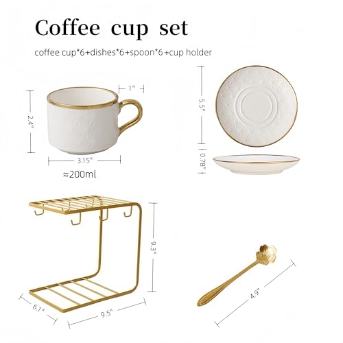 Nineteen-piece coffee set, including six porcelain coffee cups, one metal rack, six spoons, and six ceramic saucers, with hand-painted relief design, for lattes, mocha coffee, cappuccino, and tea by Generic - Used condition - Image 2