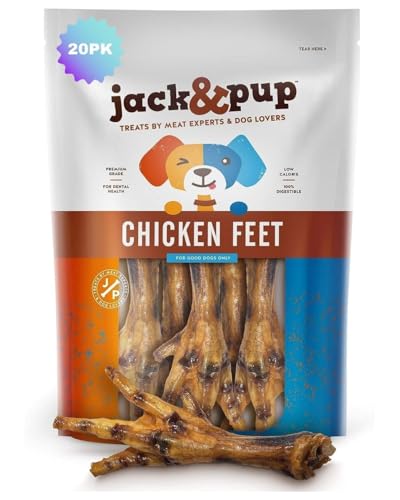 Jack&Pup Dried Chicken Feet Dog Treats | 100% Natural, Fully Digestible, Dehydrated Chicken Feet for Dogs High Protein, Joint Support (20 Pack) Economical Alternative to Duck Foot and Pig Ears