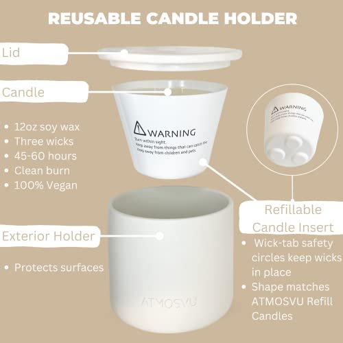 White Reusable Candle Holder | Luxury Scented Pine Spice Christmas | Sustainable Eco-Friendly Clean Burning Vegan Soy Wax | Gift Box Set | Large Jar Three Wick | Refillable Candle Holder | Atmosvu #TOP5