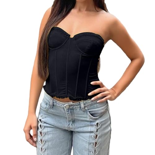 Corset Bustier de encaje para mujer - Top corto con hombros descubiertos con espalda abierta, Negro , S