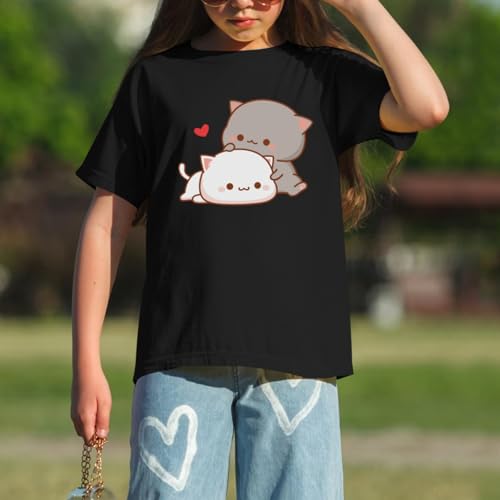 Image of KEEVICI Cute Cat Shirts for Girls Graphic Tees Kids Kawaii Cartoon Animal Print T Shirt Summer Cotton Short Sleeve Tops