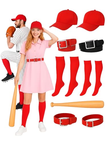 2 Sets Couple Costume Halloween Baseball Player Costume Include Baseball Team Caps Inflatable Bat Stockings and Belt Funny Sport Outfit for Adult Women Men Party