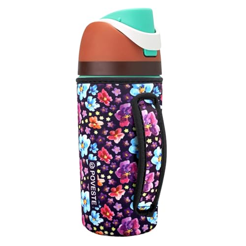 Image of Water Bottle Sleeve with Handle for Owala Kids FreeSip 16 oz, Water Bottle Scratch Resistant Sleeve, Neoprene Cover Compatible with Owala 16 oz for Boys Girls to School Travel (Purple Garden)