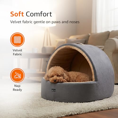 Image of Amazon Basics Pet Bed Cave | Soft & Warm Indoor Tent Bed for Cats, Kittens & Small /Medium Dogs (Pug, Beagle, Shih Tzu) | Foldable with Removable Cushion | Grey & Beige | 59 x 56 x 48 cm