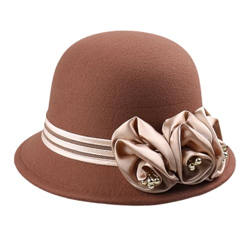 FACAILUO Fedoras Hat for Adult Women Fashion Flower Bowler Wool Cloche Cosplay Costume 20S Flapper Dome Women Fashion Fedoras Caramel