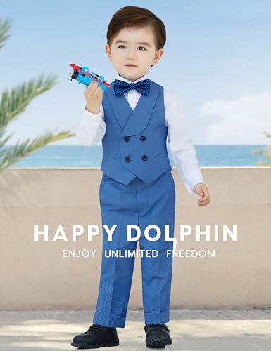 Image of Happy Dolphin Slim Fit Formal Boys Suit Set Jacket Vest Pants for Kids Wedding Ring Bearer Party