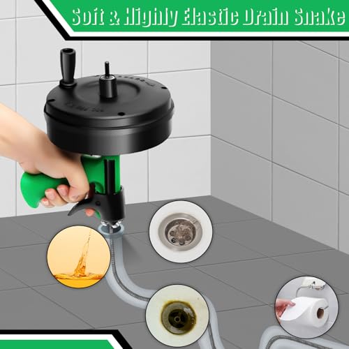 Image of 50 Ft Drain Snake, Fast Unclog Snake, 1 /4 Inch, Green | Manual & Electric Plumbing Snaker for Shower Sink, Toilet and Kitchen, Drain Auger 50 ft Comes with Gloves and Bag