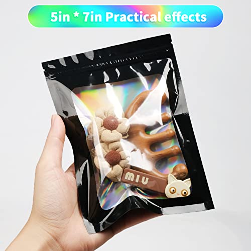 100 Pack Mylar Bags Holographic Smell Proof Packaging Bag For Small Bussiness Resealable Zipper Sealable Pouch Bags Sample, Jewelry, Lipgloss, Food,Soap,Electronic Supplies（5×7 Inch,Black） #TOP2