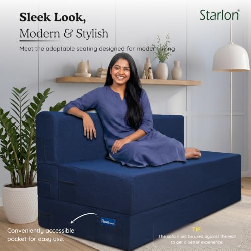 Image of Starlon 3 Seater Foldable Sofa Cum Bed 3-in-1 with 2 Waves Pattern Pillows, Washable Jute Fabric Cover, Space Saving Guest Bed, Royal Navy Blue 5x6.5 Ft
