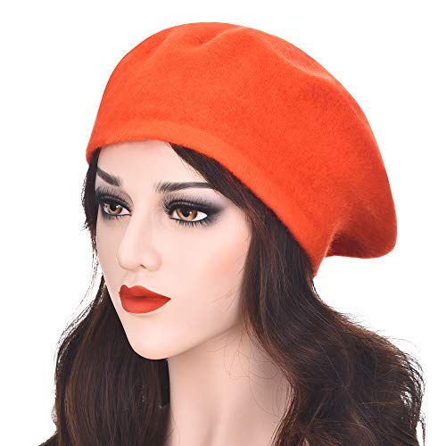 ZLYC Wool French Beret Hat Solid Color Beret Cap for Women Girls (Orange Red)