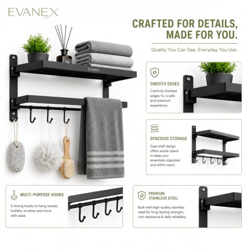 Image of EVANEX Towel Rack for Bathroom 304 Stainless Steel Towel Holder 24 Inch Folding Towel Rack with Shelf Wall Mounted Chrome Finish Black Bathroom Organizer, Bathroom Accessories Set